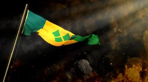 Soft focus Saint Vincent and the Grenadines flag on smoke with sun rays Stock Illustration