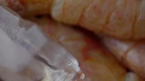 Soft focus seafood background with copyspace of boiled prawns Video stock 159003056