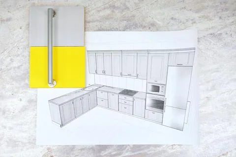 Soft focus On the table is a mock-up of a kitchen, an example of a palette of Stock-Fotos