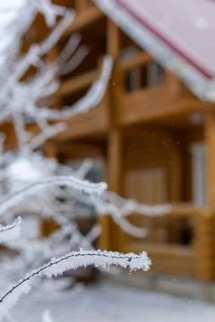 Soft focus on tiny thin branches covered with frost in foreground and large Stock Photos