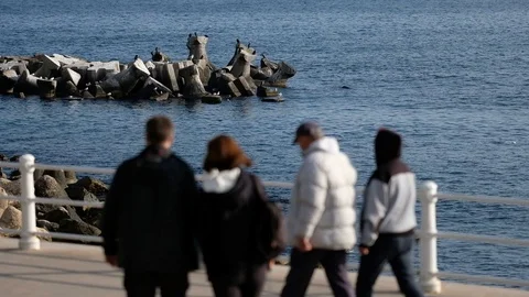 Soft focus video of people walking on sunny seafront, slow motion Stock Footage 101886220