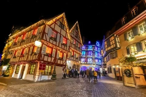 Soft focus view of old town of Colmar, decorated and illuminated at christmas Stock Photos