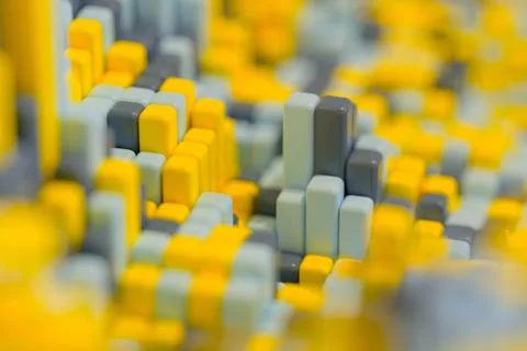Soft focus yellow blue and gray voxel blocks 3D illustration Stock Illustration