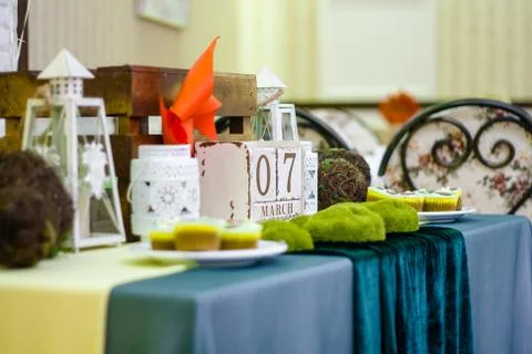 Soft focused shot of spring decorations, wooden cubic calender with date 7 March Stock Photos