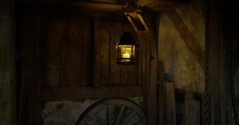 Soft glow of lantern illuminating rustic wooden cabin interior in the evening Stock Illustration