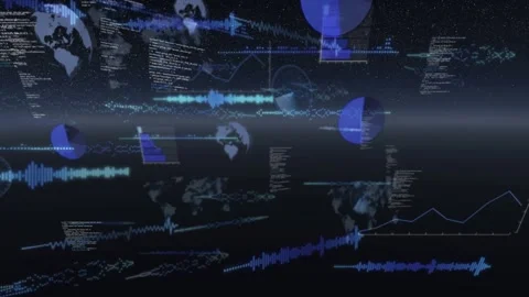 Soft glow starting waveform appearing while stacked globes, pie charts floating Stock Footage 328469434
