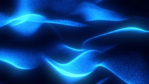Soft glowing blue particle surfaces forming smooth flowing digital waves in a Stockillustratie