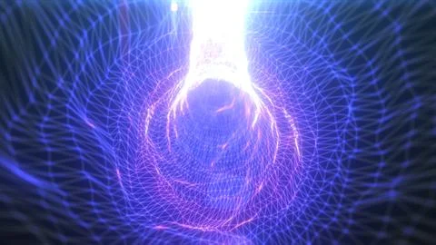 Soft glowing light-blue geometric mesh forming a radiant energy funnel with s 스톡 일러스트