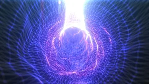 Soft glowing light-blue geometric mesh forming a radiant energy funnel with.. Illustrazione stock