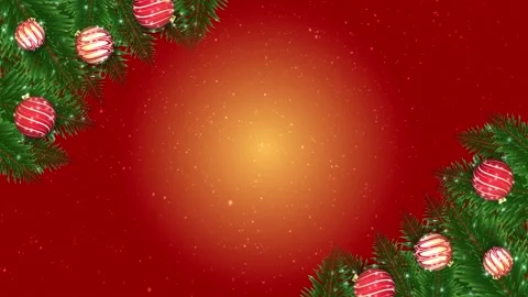A soft golden light glows on a red backdrop, bordered by pine and ornaments. Stock Footage 321198697