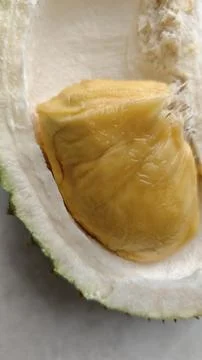 The soft, golden pulp inside this durian reveals a rich, custard-like texture Stock Photos
