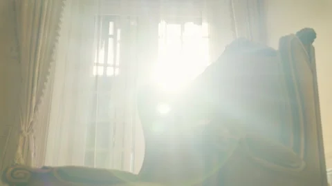 Soft golden rays streaming through window, warming elegant armchair in Video stock 306422854