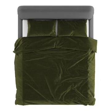 A soft gray double bed with a white sheet and pillows and a marsh-colored Stock Illustration