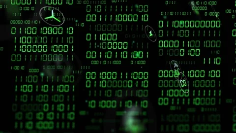 Soft green blur appearing, binary matrix staying main, icons emerging, rotating Stock Footage 332405684