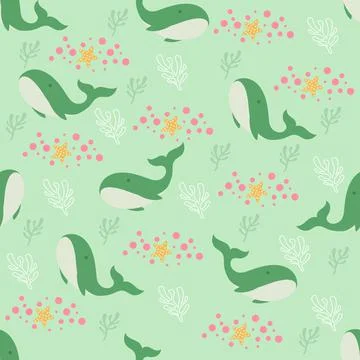 Soft green whale seamless pattern Stock Illustration