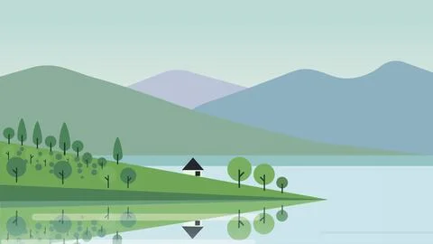 Soft Hills Lake Flat Design Illustration Landscape Stock Illustration