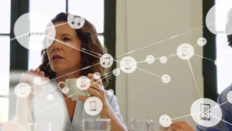 Soft icon network appearing and expanding woman raising cup colleague leaning Stock Footage 334114345