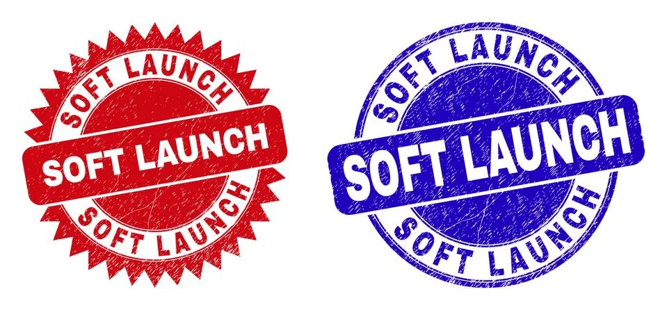SOFT LAUNCH Round and Rosette Stamp Seals with Corroded Texture Stock Illustration