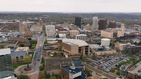 Soft Light in an Aerial Elevating Perspective over Akron Ohio USA Stock Footage 108635385