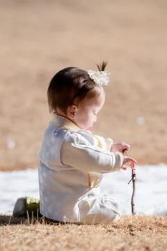 Soft light frames a curious toddler kneeling in grass 写真素材