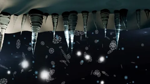 Soft light orbs appearing, row of icicles catching light while snowflakes Stock Footage 340674657