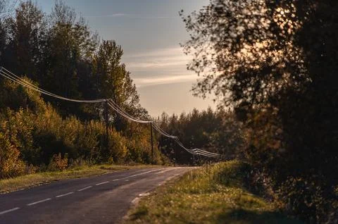 Soft light of the setting evening sun reflects on power lines along an asph.. Stock Photos