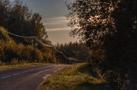 Soft light of the setting evening sun reflects on power lines along an asph.. Stock Photos