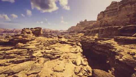 Soft lighting highlights layered geological features in canyon Stock Footage 343613301