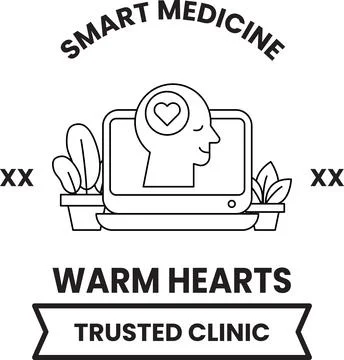Soft line art shows a calm, smiling head beside a screen Stock Illustration