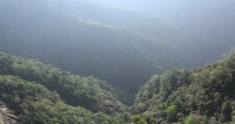 Soft mist drifts through the lush hills of Meghalaya Stockbeeldmateriaal 335645534