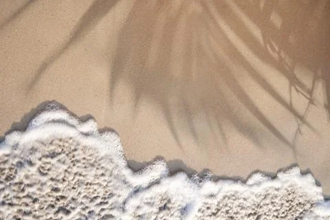 Soft ocean wave on a tropical sandy beach with palm leaves shadow in the summ Stock Photos