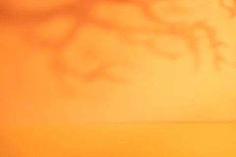 Soft orange background with blurred branch shadows and empty tabletop for a.. Foto stock