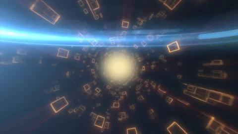 Soft orange-blue digital tunnel with glowing geometric fragments swirling int Stock Illustration