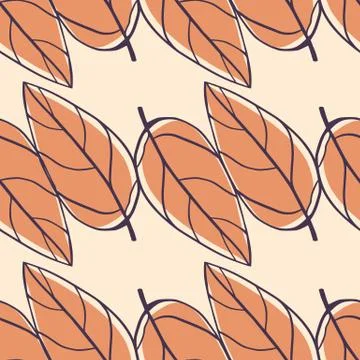 Soft orange contoured leaf seamless pattern. Outline abstract silhouettes on  Illustrazione stock