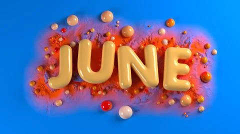 Soft orange plump word JUNE surrounded by orange spheres over bright blue Ilustração Stock
