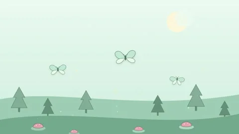 Soft paper cut loop animation of moths flying over a pine forest and mushrooms Video stock 347362475