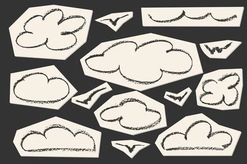 Soft pastel crayon set featuring hand-drawn clouds, rainbows Stock Illustration