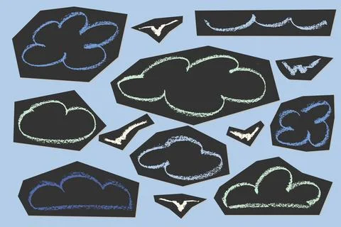 Soft pastel crayon set featuring hand-drawn clouds, rainbows Ilustración de archivo
