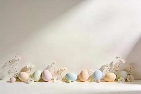 Soft pastel Easter eggs and delicate flowers arranged on a neutral backgrou.. Stock Photos