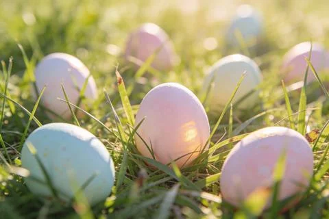 Soft pastel Easter eggs nestled in lush green grass with gentle sunlight Stock Photos