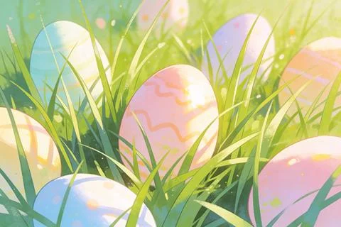 Soft pastel Easter eggs nestled in lush green grass with gentle sunlight fi.. 스톡 사진