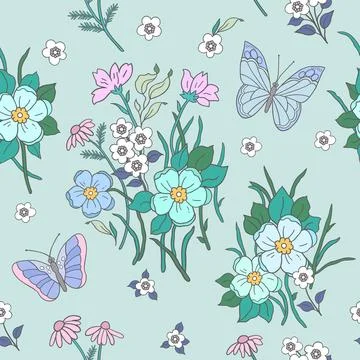 Soft pastel pattern of blooming summer flowers and butterflies. Turquoise bac Stock Illustration