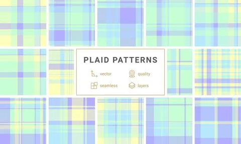 This soft pastel plaid pattern combines mint, lavender, and yellow hues for a イラスト素材