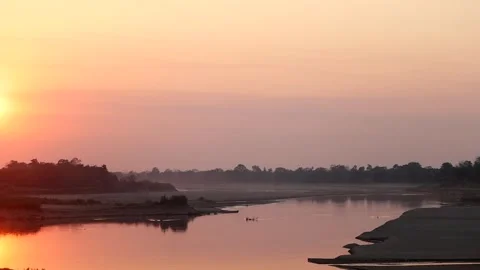Soft Pastel Sunset Over Calm River Landscape Stock Footage 328529547