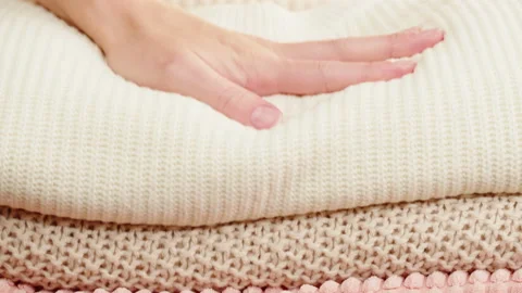 Soft pillow and blanket close-up. Touching color bed clothes Healthy sleeping Stock Footage 218612992