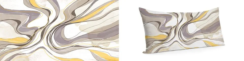 Soft pillow with marble pattern of abstract shapes and print sample isolate.. Stock Photos