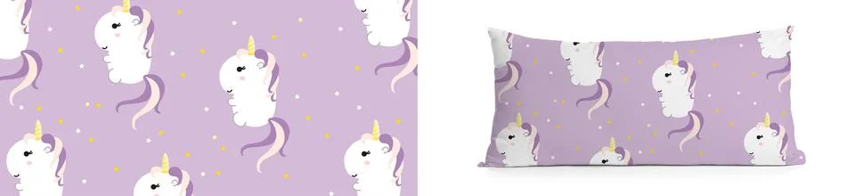 Soft pillow with pattern of cute unicorns and print sample isolated on white Stock Photos
