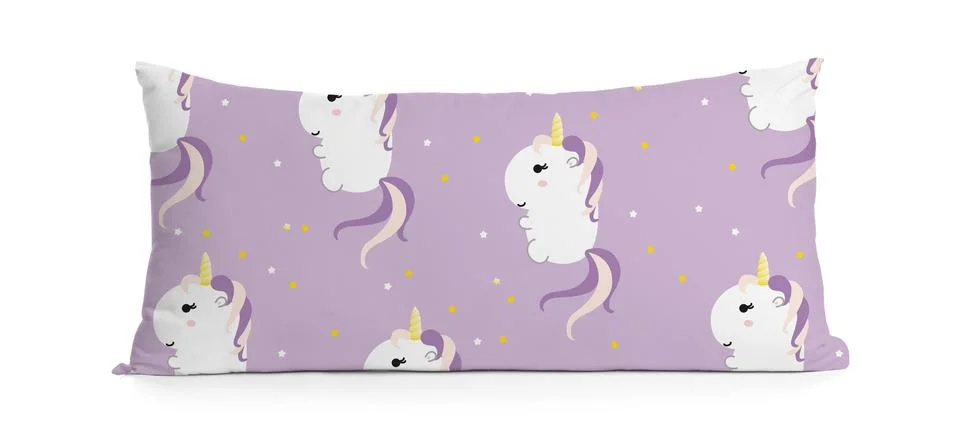 Soft pillow with printed pattern of cute unicorns isolated on white Stock Photos