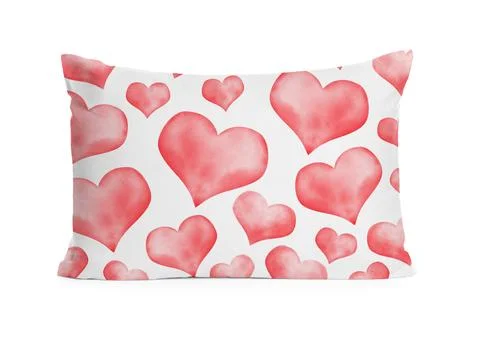 Soft pillow with printed pattern of red hearts isolated on white Stock Photos
