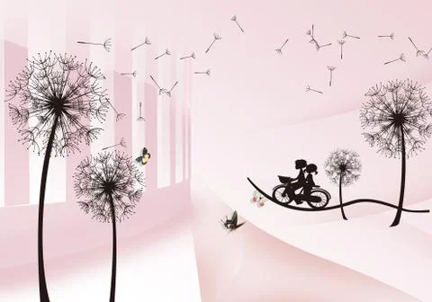 Soft pink background, boy and girl riding a bicycle, dandelions, butterflies Stock Illustration